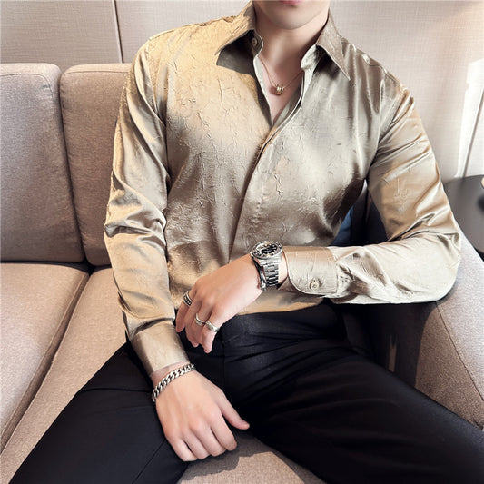 Design Men's Ice Silk Thin Large Texture Long Sleeve Shirt