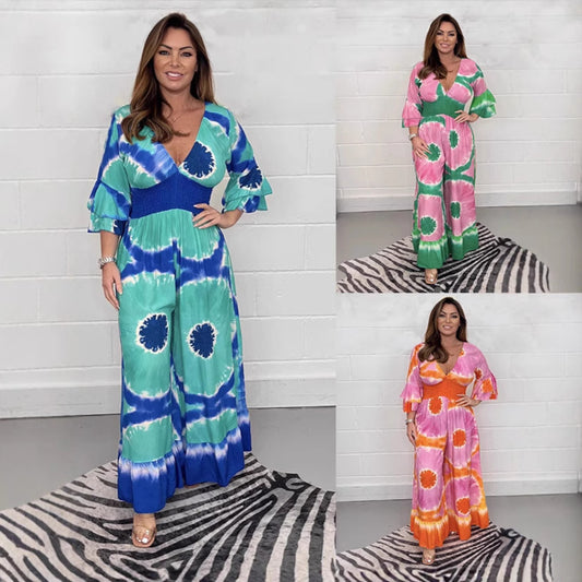 Women's Plus Size Tie-dye Printed Bell-sleeve Wide-leg Jumpsuit