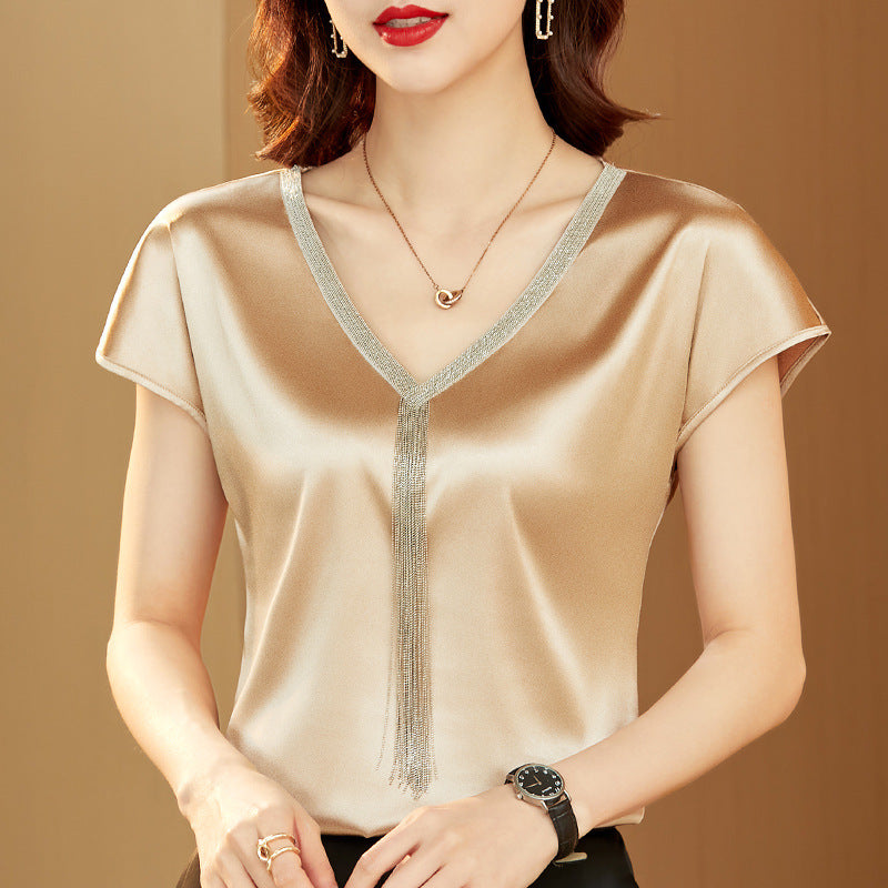 Silk Satin Loose Cropped Top With A Bottoming Shirt