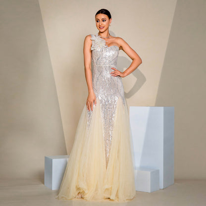 Lumira Veil One-Shoulder Gown