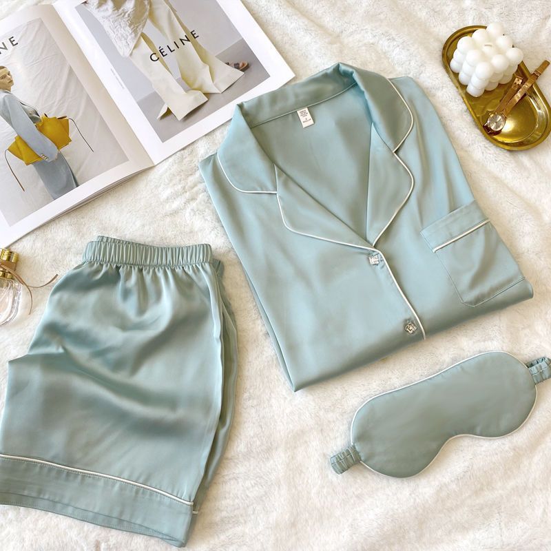 Women's Square Diamond Button Ice Silk Short Sleeve Casual Silk Pajamas Two-piece Set