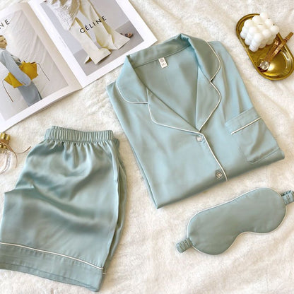 Women's Square Diamond Button Ice Silk Short Sleeve Casual Silk Pajamas Two-piece Set