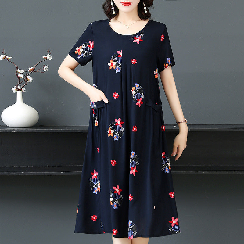 Plus Size Middle-aged And Elderly Cotton Silk Meat-covering Dress