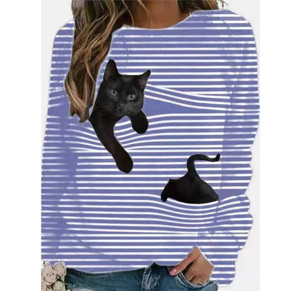 3D Cartoon Pattern Round Neck Stripe Long Sleeve T-shirt