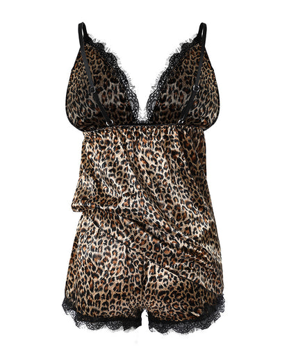 Women's Silk Lace Leopard Print Suspender Shorts Suit