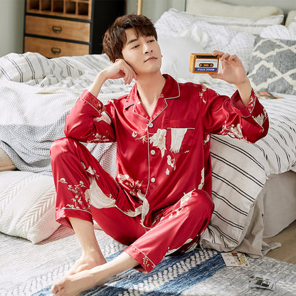 Ice Silk Couple Pajamas Spring And Summer Long-sleeved Printed Silk Pajamas