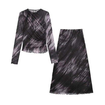 Pleated Floral Print Silk Mesh Dress Skirt