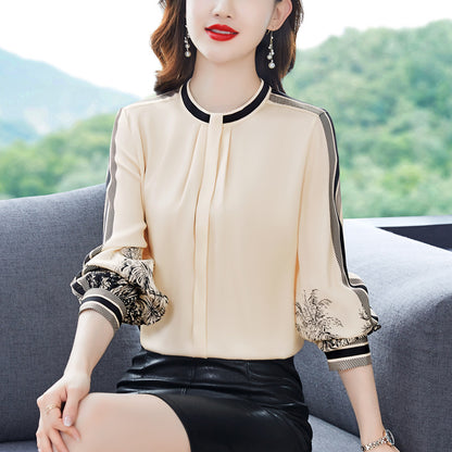 Women's Spring Clothing Versatile Slimming Temperament Printed Mulberry Silk Satin Shirt Long Sleeve