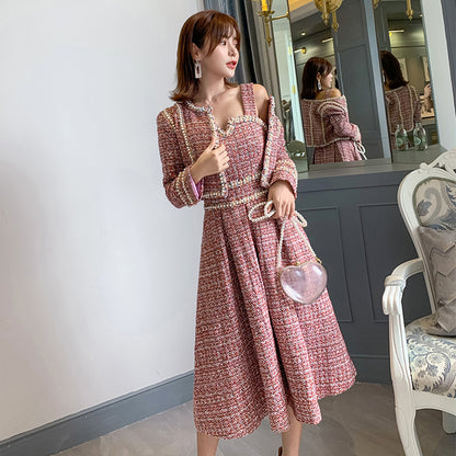 Fashion Ladies Bright Silk Tweed Stitching Ribbon Dress Suit