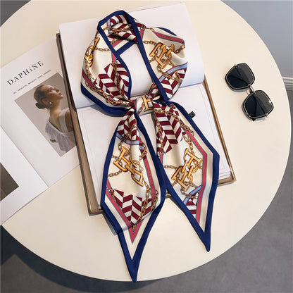 Thin Narrow Long Shirt Scarf Houndstooth Design Double Layer Imitated Silk Scarves Women's Hair Tie