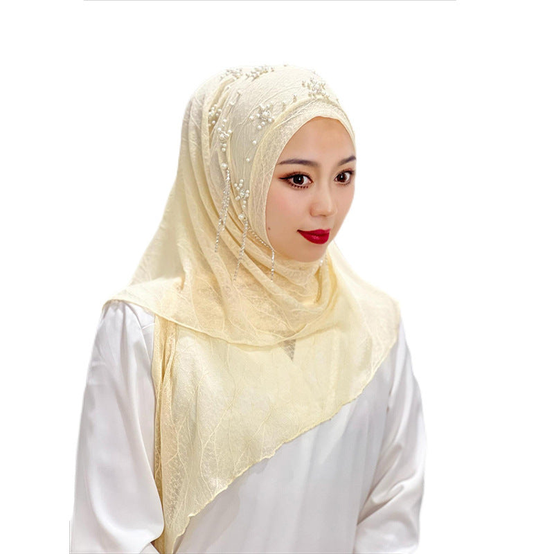 Malay Ladies Tassel Solid Color Headscarf Gold Silk Beaded