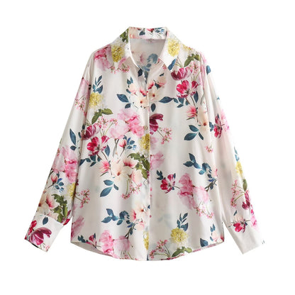 Fashionable All-match Silk Satin Textured Printed Shirt