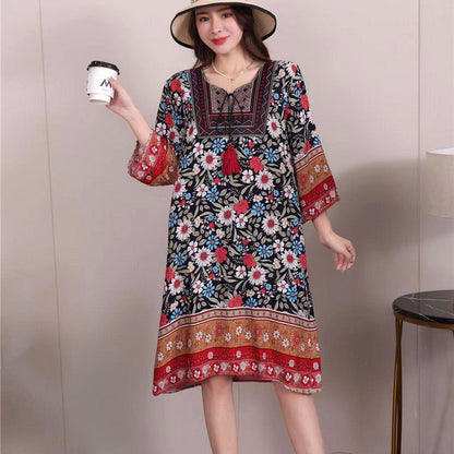 Cotton Silk Floral Dress Vintage Women's Clothing