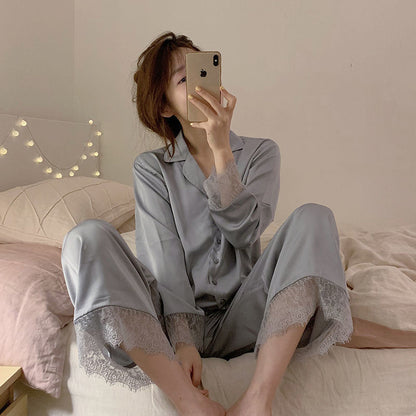 Pajamas Ice Silk Lace Long Sleeves And Trousers