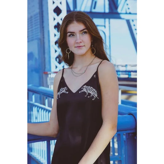 Silk Halter Dress In Dueling Jaguars