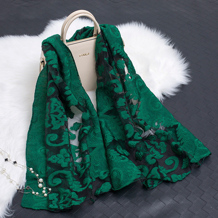 Lace Stitching Cut Flower Paisley Silk Scarf
