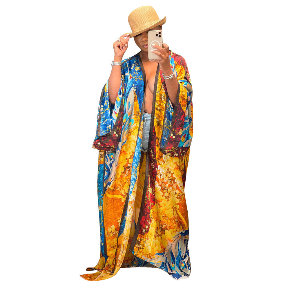 Kimono Silk-like Multi-print Coat