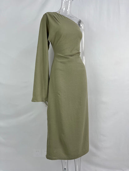 Oblique One-shoulder Silk Twill Texture Slim Dress