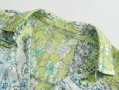New Women's European And American Printed Silk Satin Texture Shirt