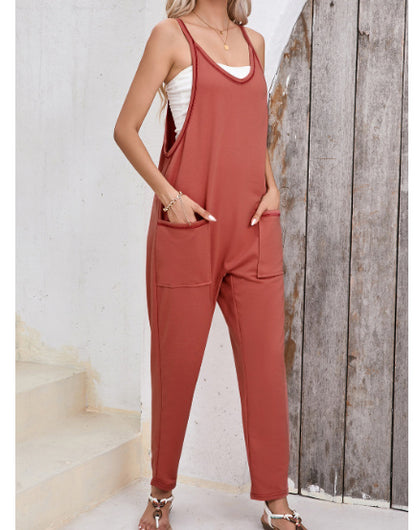 Black Side Pockets Harem Pants Sleeveless V Neck Jumpsuit