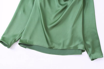 Women's Green Draped Neck Silk Satin Long Sleeve Shirt