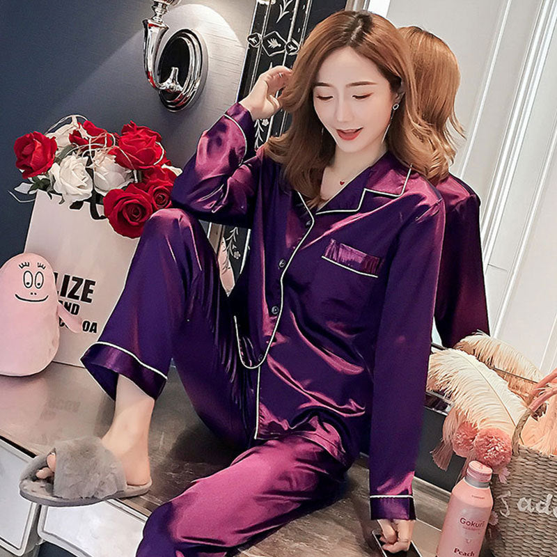 Ice Silk Pajamas Women's Long-sleeved Spring And Autumn Summer Suit Cardigan Simulation Silk