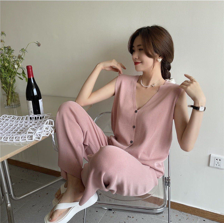 Ice Silk Breasted Knitted Vest  Wide Leg Pants Fashion Two-piece Set
