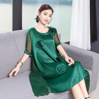 Mom Solid Color Over Knee Faux Silk Dress