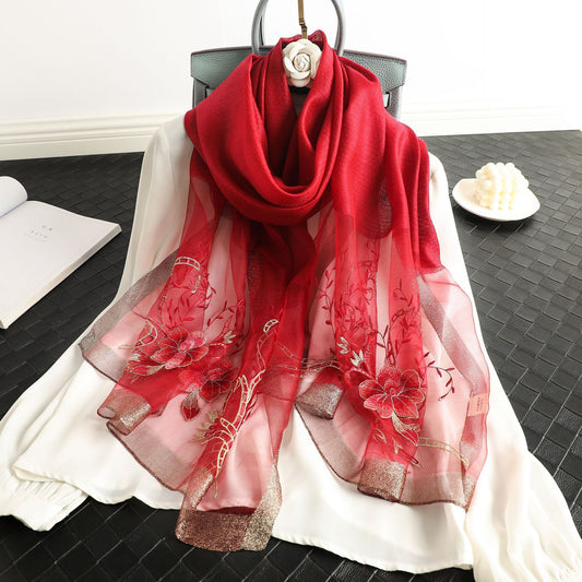 Elegant All-match Peony Silk Wool Embroidered Fashion Scarf