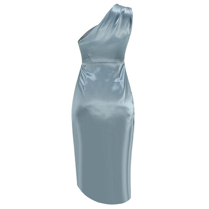 Sloping Shoulder Dress Women's Pleated Slit Satin High-end Dress