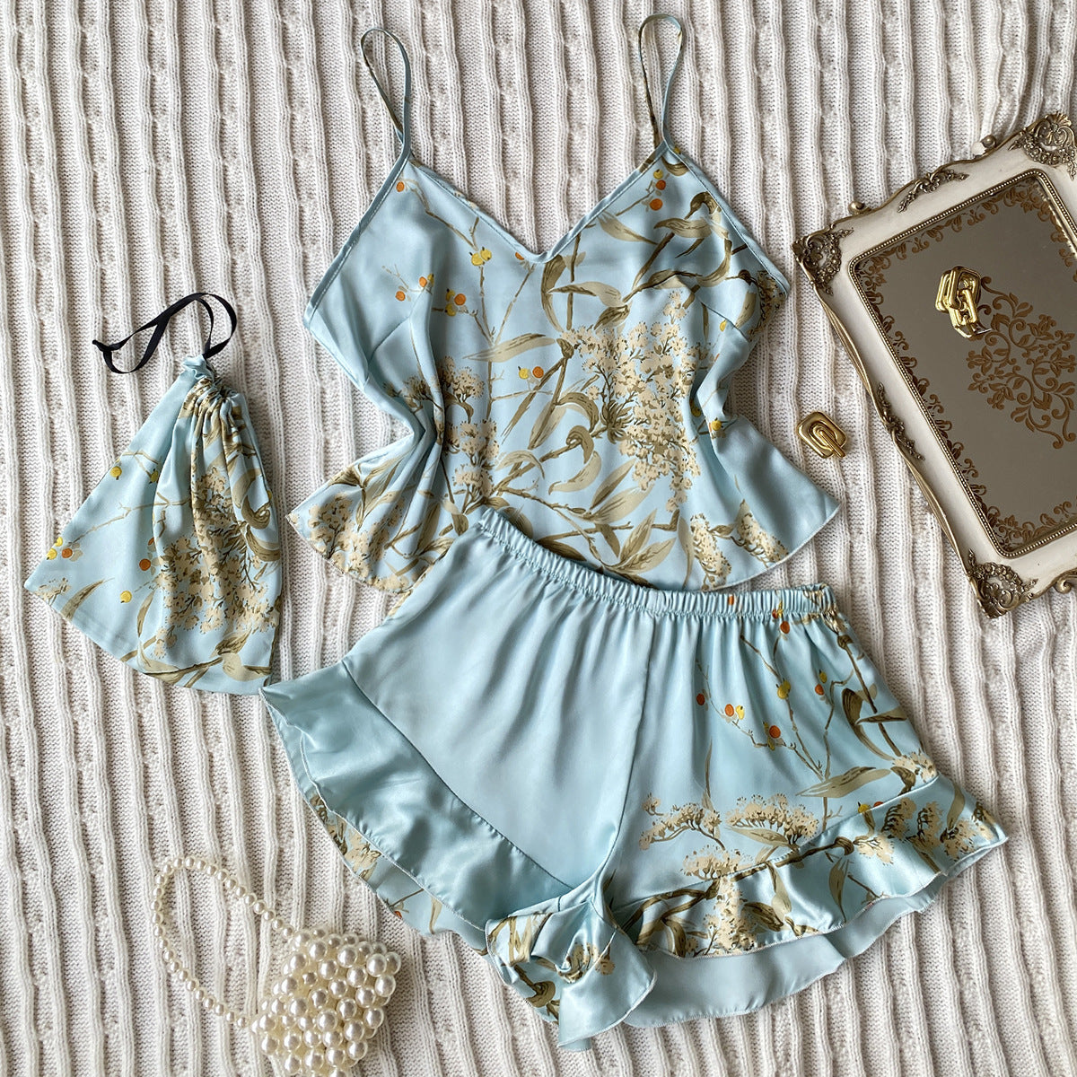 Faux Silk Pajamas Two-Piece Set Fashion Printing