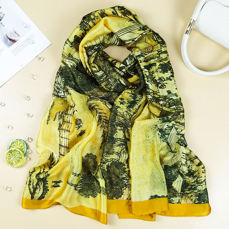 Outdoor All-match Printed Silk Scarf Women's Thin Silk Sunscreen And Breathable
