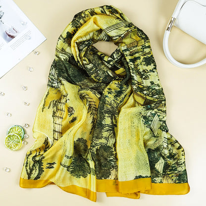 Outdoor All-match Printed Silk Scarf Women's Thin Silk Sunscreen And Breathable