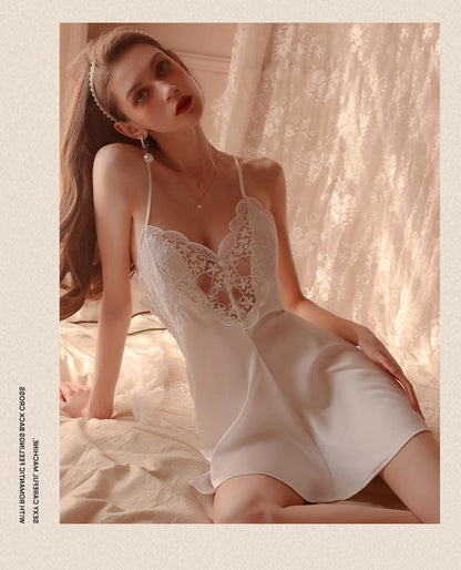 Women's Plus Size Lace Stitching Deep V-neck Ice Silk Sling Night Dress