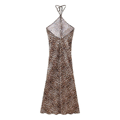 Women's Leopard Print Halter Silk Satin Dress