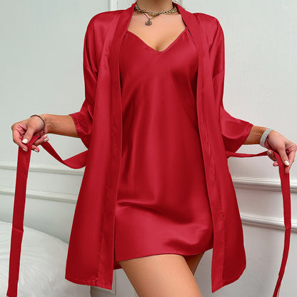 Plus Size Ice Silk Silk Nightdress Outerwear Gown Suit