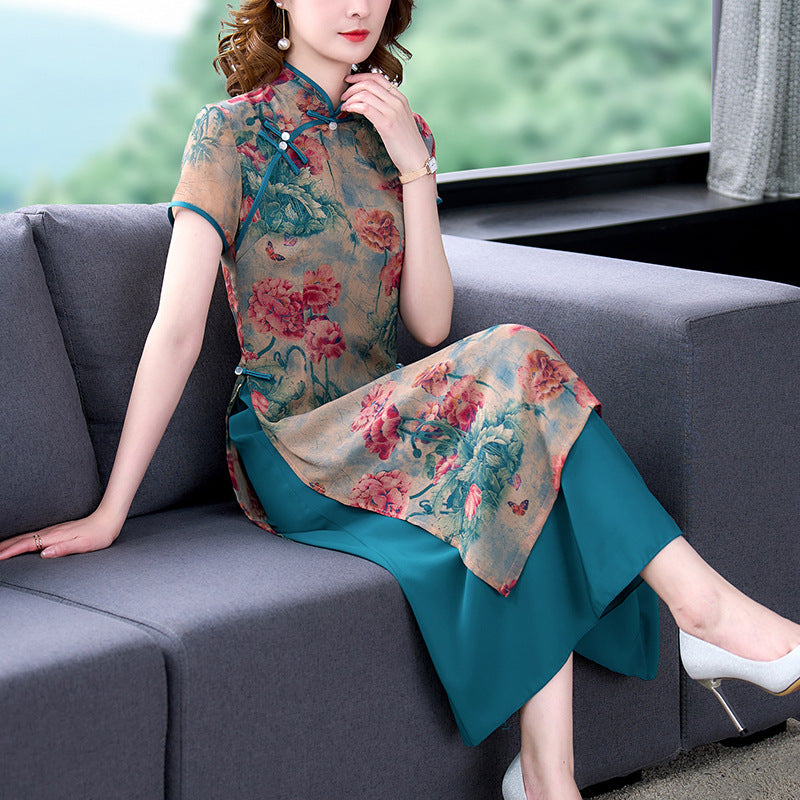 Chinese Style Graceful And Fashionable Slim-fit Silk-like Cheongsam Dress