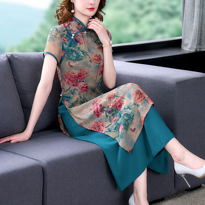 Chinese Style Graceful And Fashionable Slim-fit Silk-like Cheongsam Dress