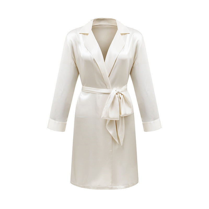 Lace Up Simulation Silk Bathrobe French Satin Pajamas