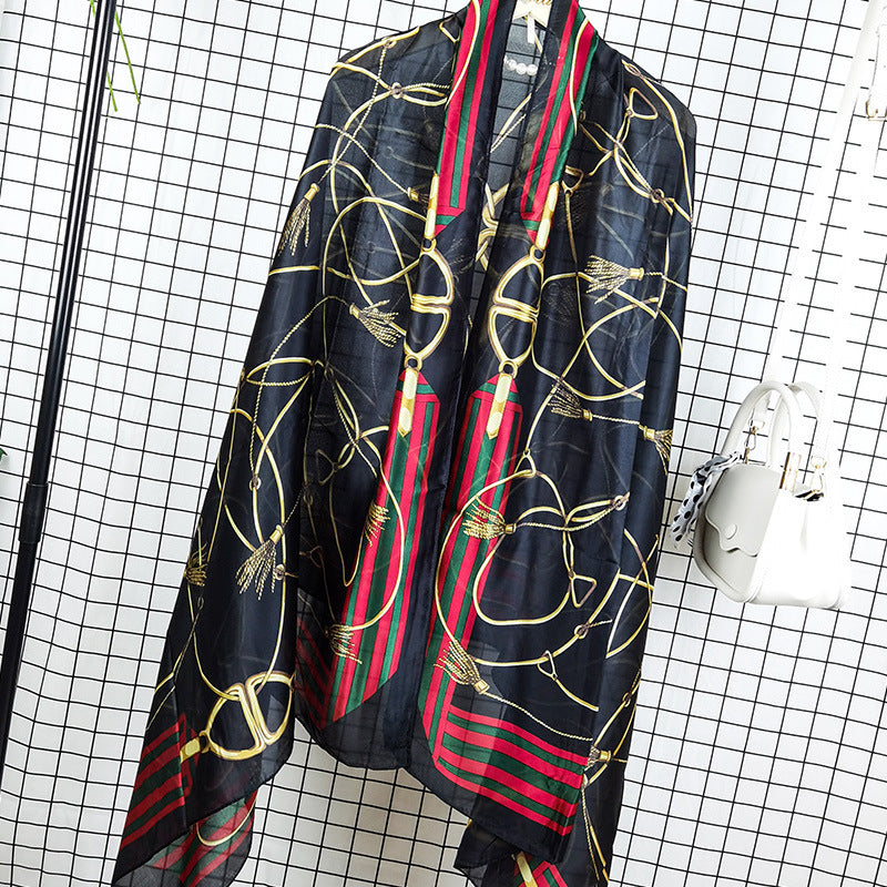 Outdoor All-match Printed Silk Scarf Women's Thin Silk Sunscreen And Breathable