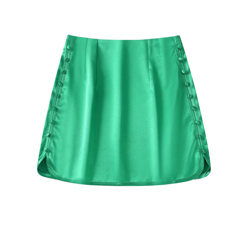New Buttoned Silk-satin Textured Skirt Miniskirt