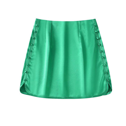 New Buttoned Silk-satin Textured Skirt Miniskirt
