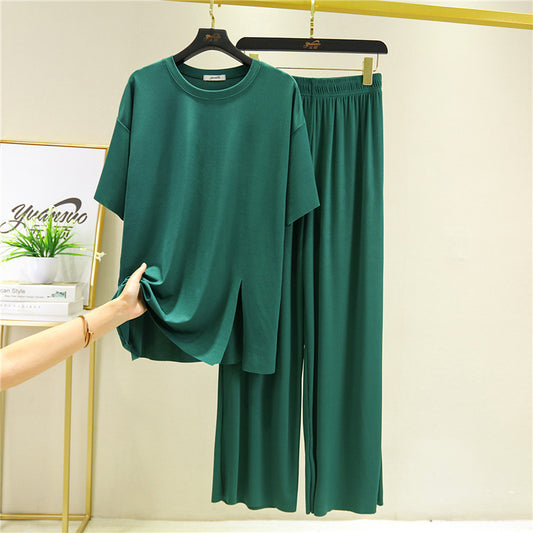 Loose Summer Women's Ice Silk Thread Mask Short Sleeve Slit Pajamas