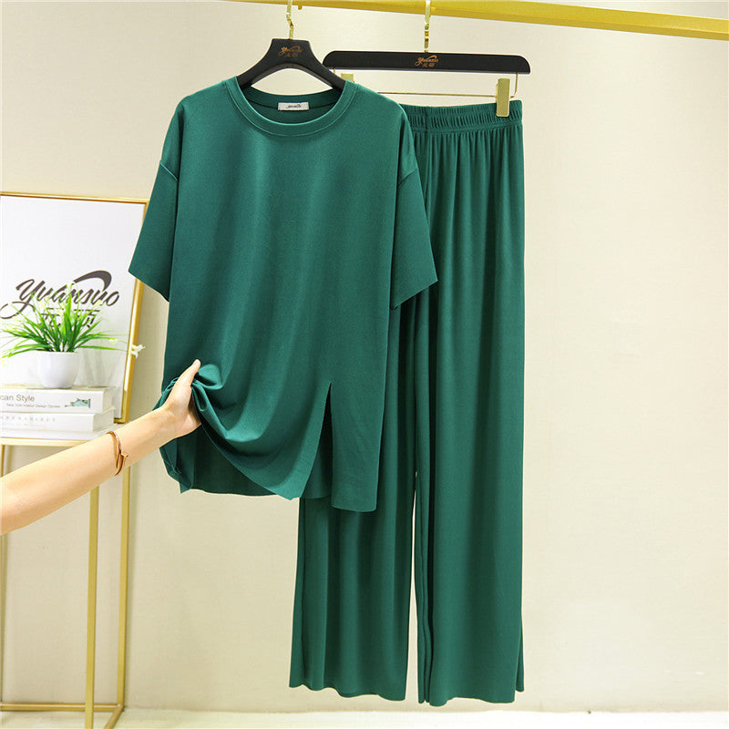 Loose Summer Women's Ice Silk Thread Mask Short Sleeve Slit Pajamas