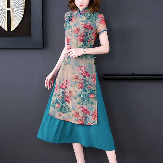 Chinese Style Graceful And Fashionable Slim-fit Silk-like Cheongsam Dress