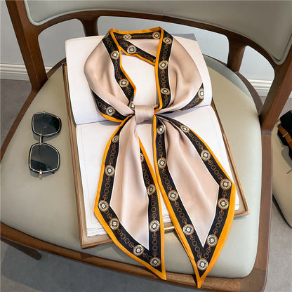 Thin Narrow Long Shirt Scarf Houndstooth Design Double Layer Imitated Silk Scarves Women's Hair Tie