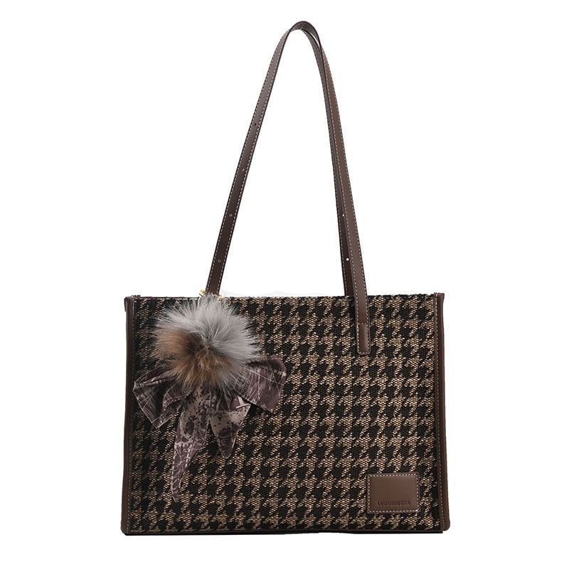 Plush Ball Silk  Pendant Fashion Houndstooth Small Square Bag