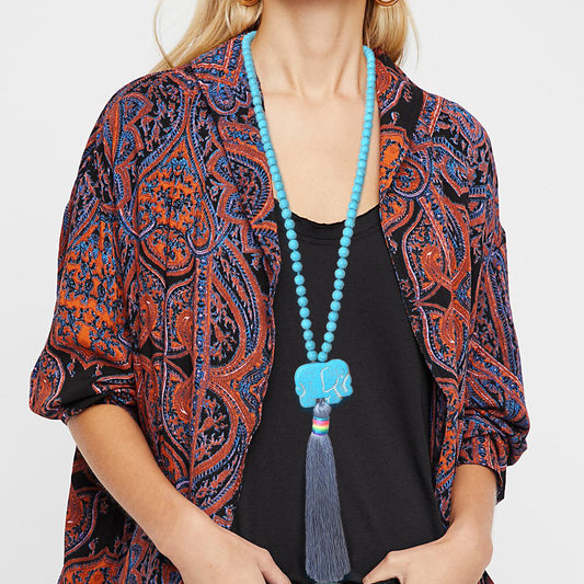 Bohemian Folk Art Antique Turquoise Silk Thread Tassel Necklace