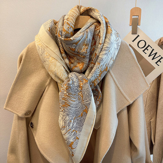 Beige Herringbone Silk And Wool Scarf