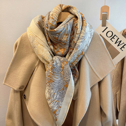 Beige Herringbone Silk And Wool Scarf